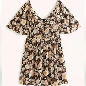 Abercrombie & Fitch Angel  Sleeve Smocked Waist Mini Dress Brown Floral Sz Small